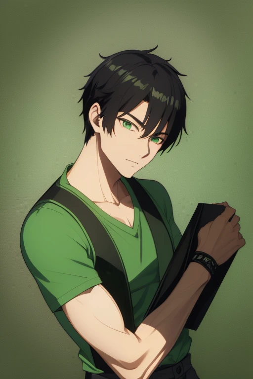 Handsome Japanese boy, black hair, faded cut, slim build, strong green eyes, short-sleeved vest, neo green shirt with slime print, red green jeans, green background