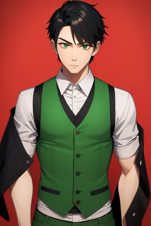 Handsome Japanese boy, black hair, faded cut, slim build, strong green eyes, short-sleeved vest, neo green shirt with slime print, red green jeans, green background