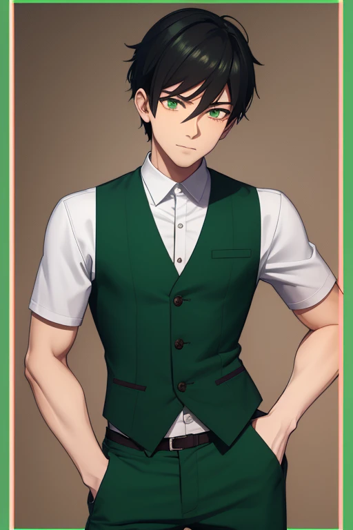 Handsome Japanese boy, black hair, faded cut, slim build, strong green eyes, short-sleeved vest, neo green shirt with slime print, red green jeans, green background