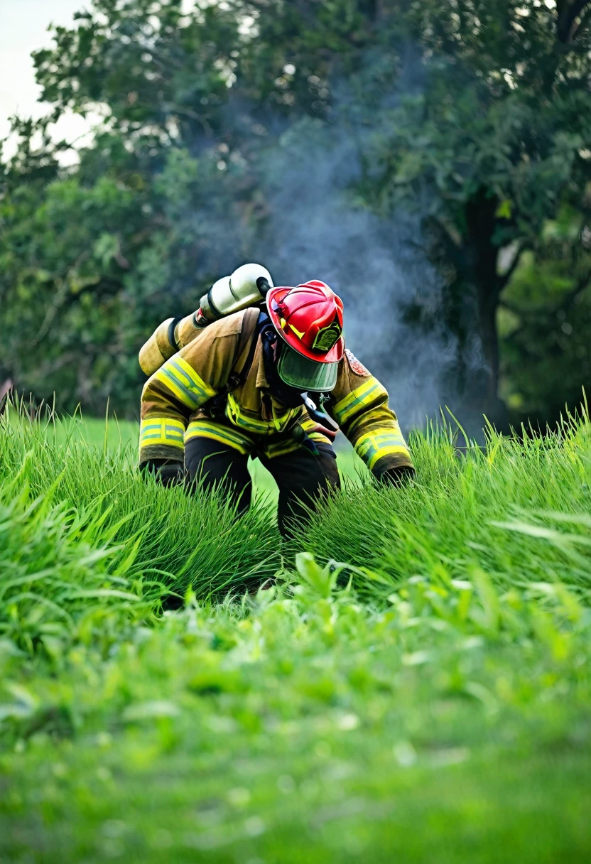 There I am, com meu uniforme de bombeiro, adentrando a floresta em chamas. The smell of smoke fills the air, But I'm not going to give up. Using my powerful water hose, luto contra as chamas, releasing water jets with precision to slow down fire. with determination and courage, teamwork with my fellow firefighters to control the fire and save the forest.