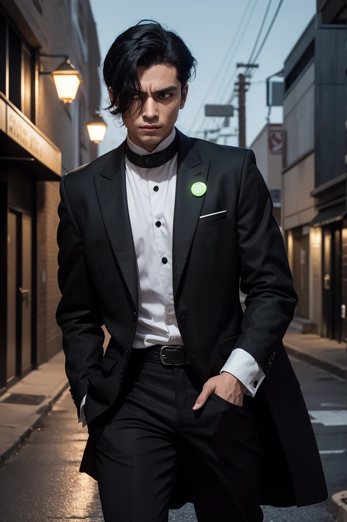 He is a man with black hair styled back. He is wearing a black jacket that reaches his knees, with white details on the shoulders and golden buttons. Additionally, he is wearing a white shirt open at the chest and has a glowing green emblem hanging from his neck. The man also wears a black band over his eyes, giving him a mysterious look, and has a visible scar on his face. He appears to be in an urban environment with street lamps and a paved road in the background.