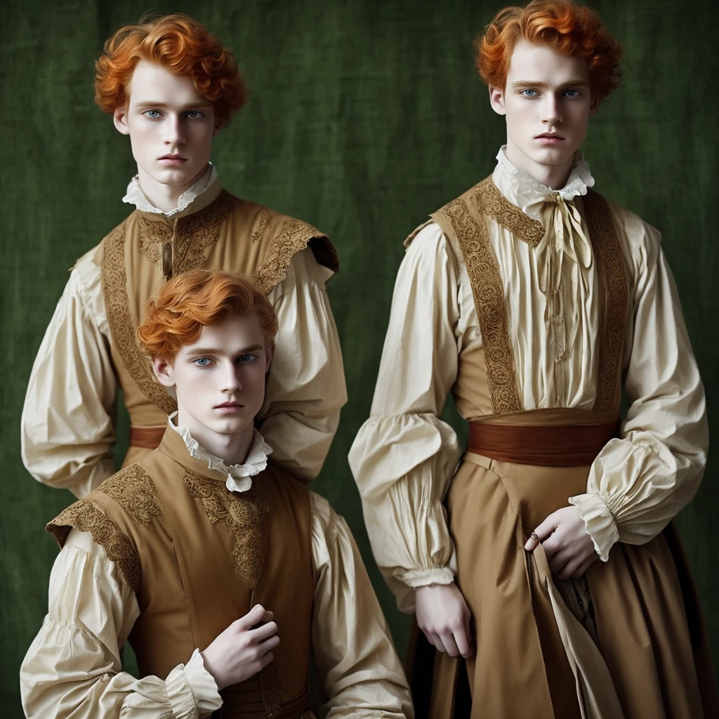 Fantasy prince orange hair and victorian beige clothes green eyes, dark colors