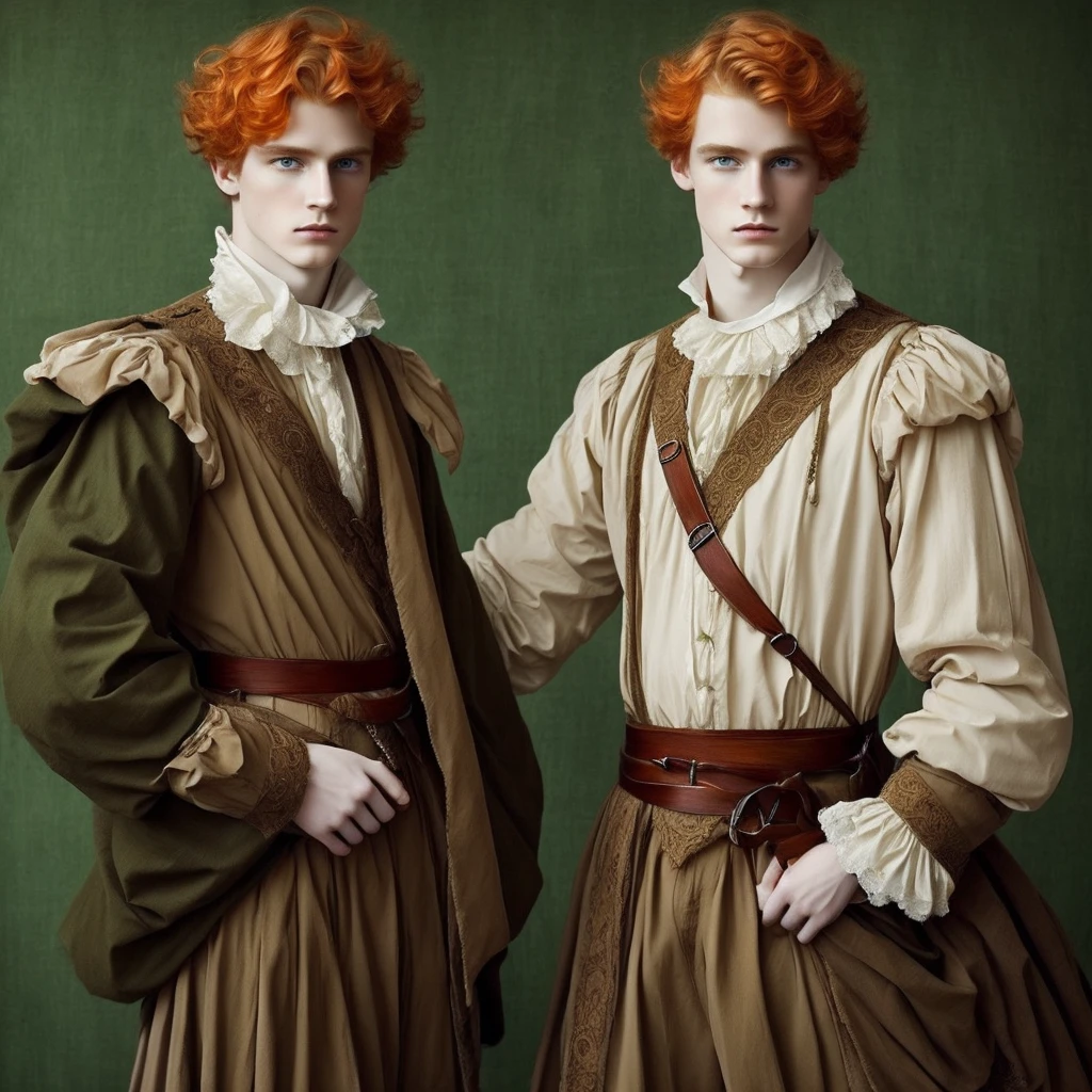 Fantasy prince orange hair and victorian beige clothes green eyes, dark colors 