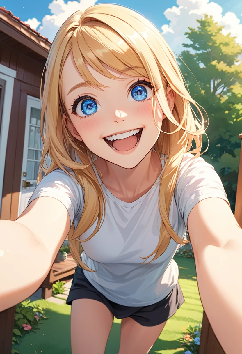 detailed illustration ,dynamic angle, ultra-detailed, detailed eyes, detailed face, 1girl, long blonde hair, bright blue eyes, detailed eyes, happy, standing on porch, outside, house, lawn, grinning, delighted