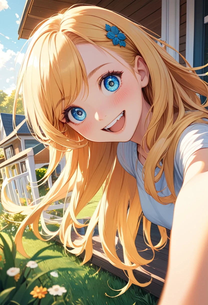 detailed illustration ,dynamic angle, ultra-detailed, detailed eyes, detailed face, 1girl, long blonde hair, bright blue eyes, detailed eyes, happy, standing on porch, outside, house, lawn, grinning, delighted