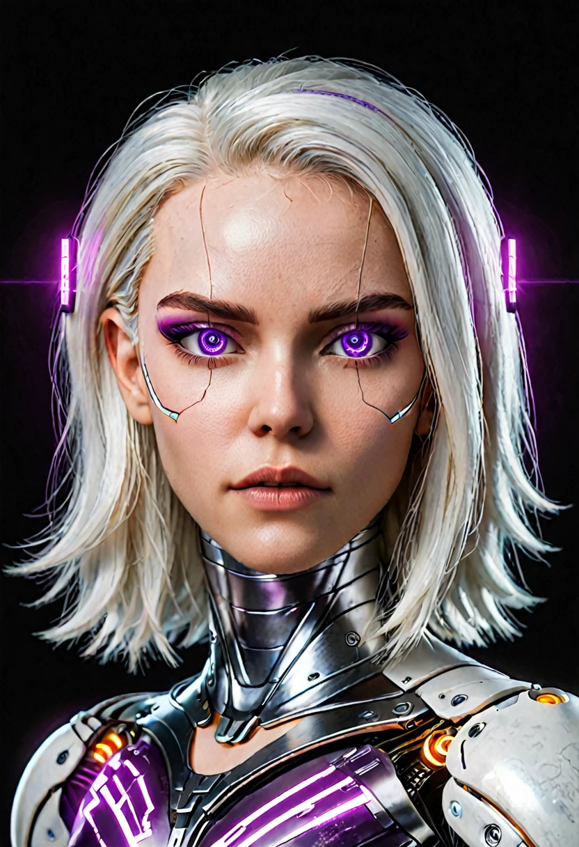Hyperrealistic art zavy-cbrpnk, portrait de mulher branca cyborg mixed, real mesmerizing purple illuminated eyes, long white hair, looking at front. panel . Extremely high resolution details, photographic, realism taken to the extreme, fine texture, stunningly lifelike