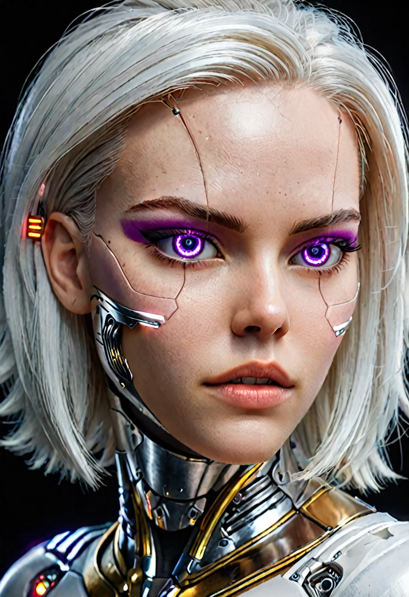 Hyperrealistic art zavy-cbrpnk, portrait de mulher branca cyborg mixed, real mesmerizing purple illuminated eyes, long white hair, looking at front. panel . Extremely high resolution details, photographic, realism taken to the extreme, fine texture, stunningly lifelike