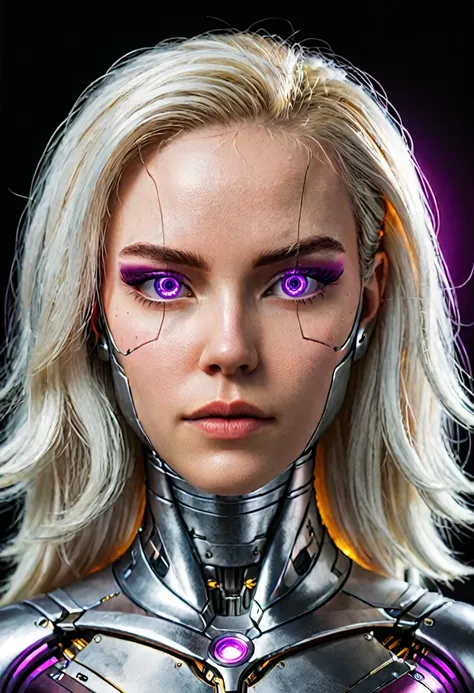 hyperrealistic art zavy-cbrpnk, portrait de mulher branca cyborg mixed, real mesmerizing purple illuminated eyes, long white hai...