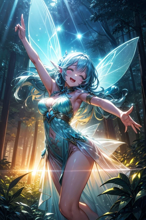 dynamic angle、 within a magical forest, a mystical fairy girl emerges, Girl Flying in the Sky、light blue long hair、Hairstyle twin tails、adorable smile, the glow of the moonlight, flower bloom、A pure white owl flies in the sky、Sparkling fireflies are flying, the air resonates with the ethereal symphony of nature's whispers, Creating a field where dreams and reality intersect,produce something overwhelming, fantastic fairy world