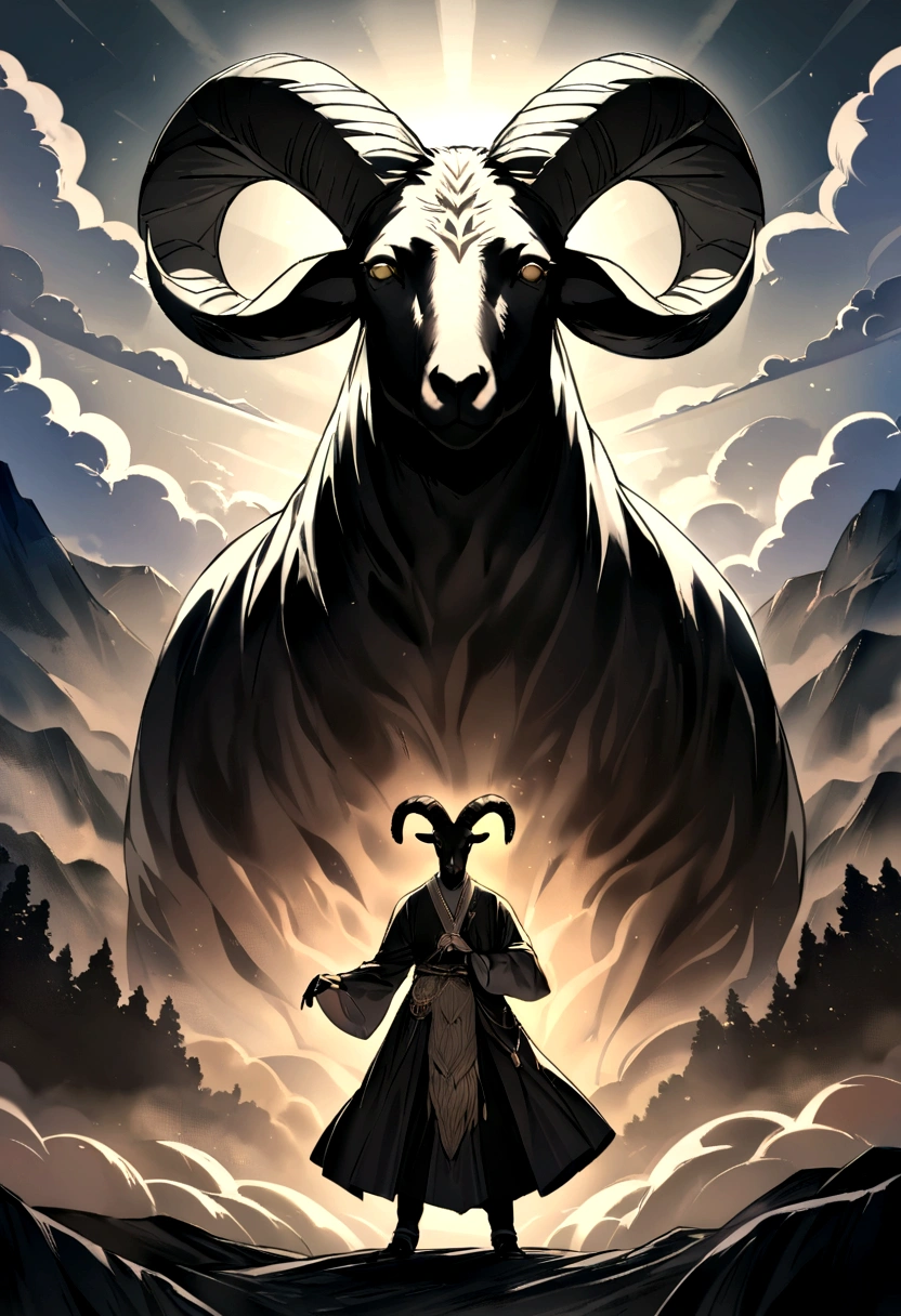 A man wearing the head of a black goat. The face of a goat. The hair of a black goat. The goat. The goat wears the wool of a goat. The body of a goat is black. The legendary human being thickens and protects mountains.