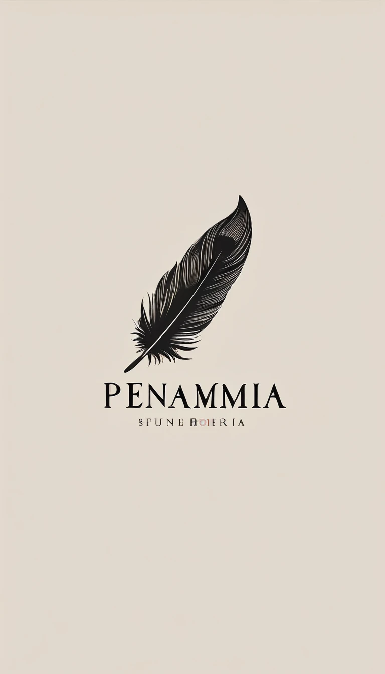 A minimal, modern, simple, cinematic logotype for the brand “Penamemoria". The logotype must be a simple, magical feather and a boy playing acoustic guitar. The logo must convey a sense of music, stories and dreams. Logo design impressed on a book cover. Minimalistic logo