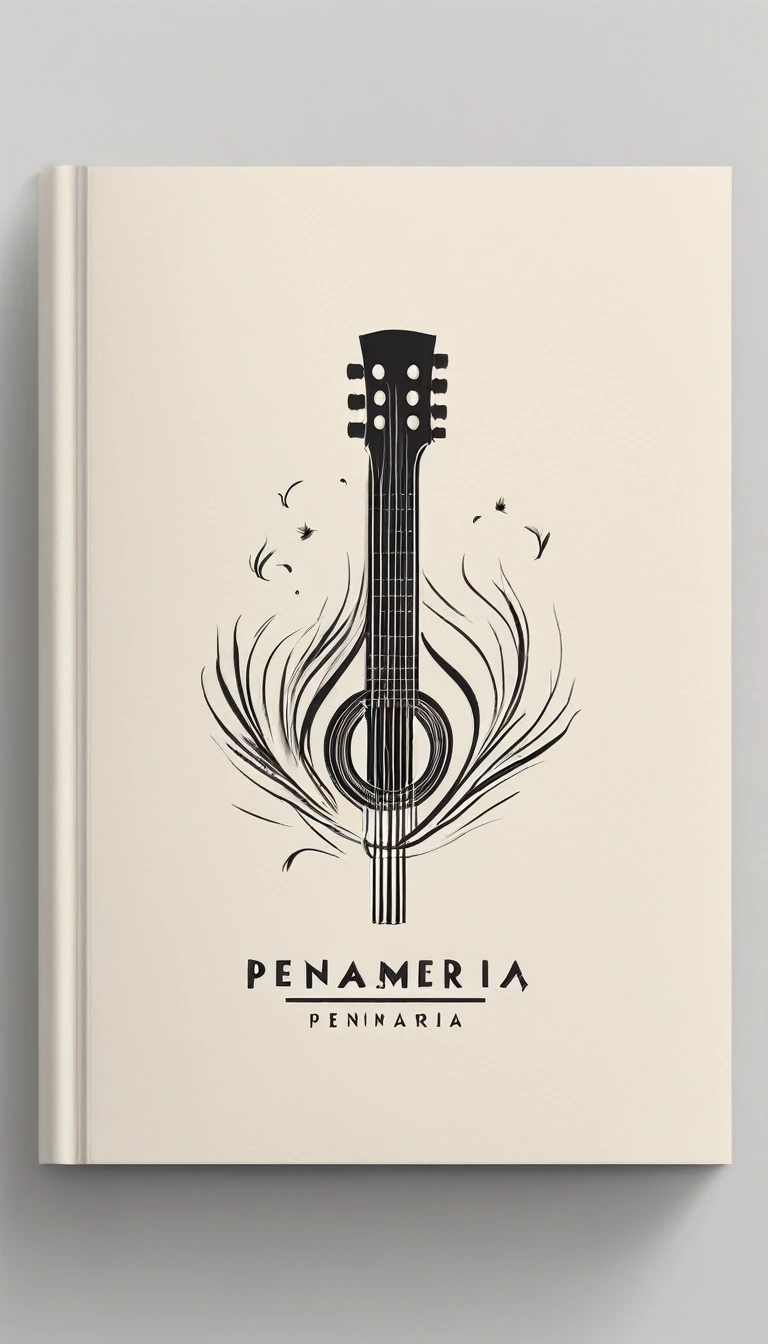 A minimal, modern, simple, cinematic logotype for the brand “Penamemoria". The logotype must be a simple, magical feather and a boy playing acoustic guitar. The logo must convey a sense of music, stories and dreams. Logo design impressed on a book cover. Minimalistic logo
