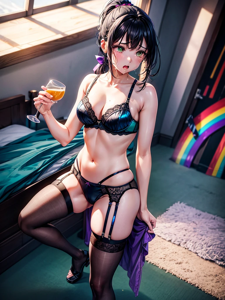 Highest quality,Highest Resolution,４K quality,A beautiful girl with a crying face spilling a lot of seductive saliva,Full body close-up,Drink a glass of water,,Yellow-green eyes,Black hair ponytail,,Iridescent Bra,Iridescent underwear,High leg,Rainbow garter belt,Rainbow colored knee-high stockings,Dark bedroom at night,Purple bedding,Sweating profusely,Open your mouth,Tears,Iridescent underwear,Standing posture,
