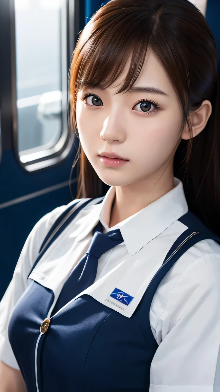 A beautiful young Japanese woman, around 20 years old, wearing a stewardess uniform, ultra-detailed, 8K resolution, highly realistic, cinematic lighting, best quality, masterpiece, photorealistic, physically-based rendering, extremely detailed, vivid colors, professional, sharp focus, studio lighting