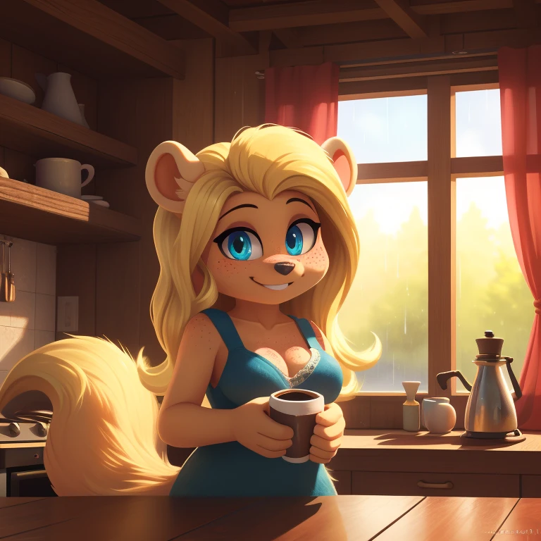 minerva, medium breast,
(detailed blonde hair:1.4), (detailed perfect eyes:1.2), white fur, (detailed fluffy fur:1.2), perfect hourglass body, mink snout, (long fluffy blonde tail:1.3), beautiful black eyes, relaxed pose, looking at viewer,
(freckles:1.2), light smile,
serving coffee,
(masterpiece:1.2), (best quality:1.2), (intricate:1.2), (highly detailed:1.2), (sharp:1.2), (8k:1.2), (highres:1.2),
cinematic summer tropical lighting, vivid colors,
kitchen, wooden cabin,
window, forest, rain,
aliceinwonderlandoutfit