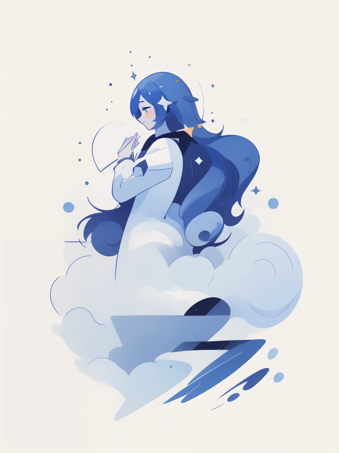 ((SFW:1)), sfw clothes, (best quality,4k,8k, high res,masterpiece:1), ((masterpiece)), (((best quality))), slightly muted colors, hair color, hairstyle fax, eyes, clouds, flowy hair, stars in hair, adult, starry eyes, sea, ocean, celestial, hairstyle fax, deity, muted blue hair, sky-like hair with stars, ocean hair, soft smile, (({comforting aura})) (abstract:0.7), angel, luminous, bright character, ghostly luminous character, siren, mesmerizing siren, longing, (so full of feelings), ({divine goddess, divine poses, bringing comfort and compassion, full body poses and, divine}:0.9)
iridescent hair:0.6
((((2 colors only pallet:1, flat coloring, corporate style, white background:1))))
