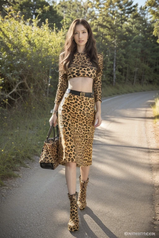 (8K, original photo, Top quality, masterpiece: 1.2), Ultra Detailed, Super Resolution, (real, real photos: 1.37), real脸部,Perfect body,Huge breasts,Leopard print T-shirt,(Leopard print long skirt:1.3),Detailed tattoo,Slender long legs,Leather Boots