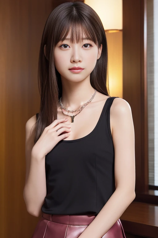 necklace,ring,(Small breasts:1.6),Realistic,(超high quality:1.2),Japanese,high quality,masterpiece,(Super detailed:1.4),Japanese lady,Beautiful Eyes,Beautiful Face,((Hotel)),(thin:1.3),High resolution,compensate,(skirt:1.0),Real Background,Dark