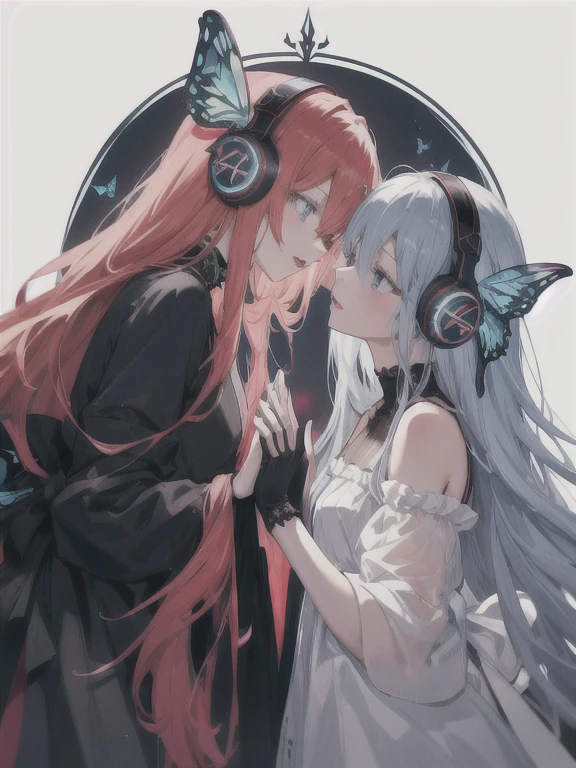 magnetvocaloid,butterfly wings headphones, 
multiple girls, 2girls, yuri,fingerless gloves, 
 ultra-detailliert、anime illustrated、2D Beautiful Girl、top-quality、Top image quality、​masterpiece、超A high resolution、android beautiful girl、sixteen years old, Glowing red cyber suit, black headphones、Silvery long-haired,Blue Eyes、A slender、The face is depicted in detail、The eyes are very detailed、The clothes are also depicted in detail、hiquality、Beautiful Art、Fantastic Universe、kindly smile、Elaborate design、soio、Knights、animesque、illustratio、Full body front
red hair,black veil,funeral dress, black dress,