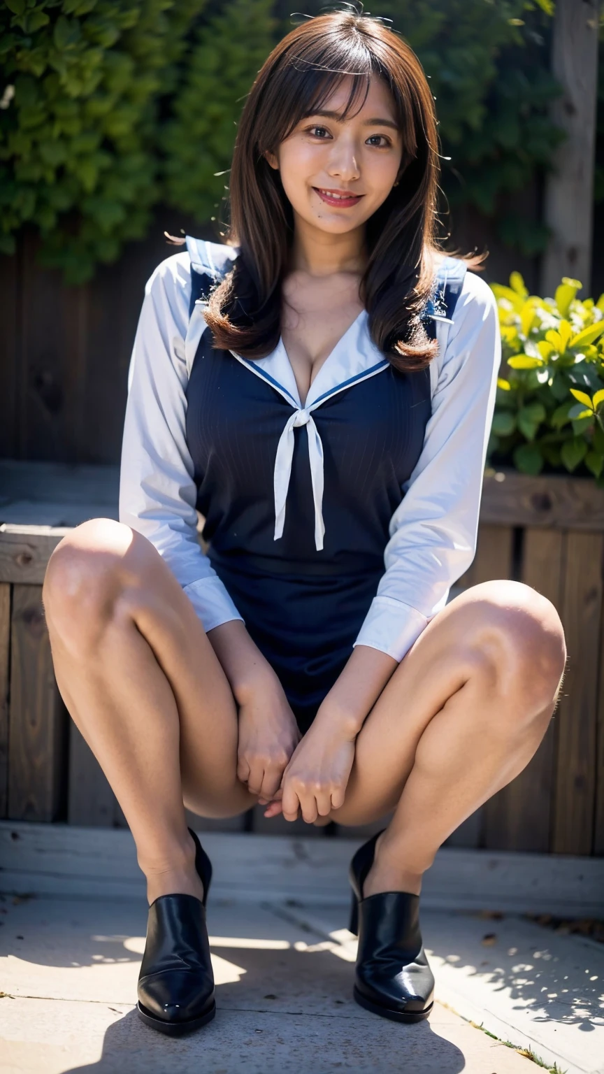 (8K、RAW Photos、Highest quality、masterpiece:1.2)、(Realistic、Realistic)、1 girl、((Sailor Warrior Costumes:1.5、With pubic hair、Large Breasts、Full body from the front、Spread your legs while squatting))、Lots of eyelashes、Glowing eyelids、skeletally correct、smile、This photo will awaken boys to sex