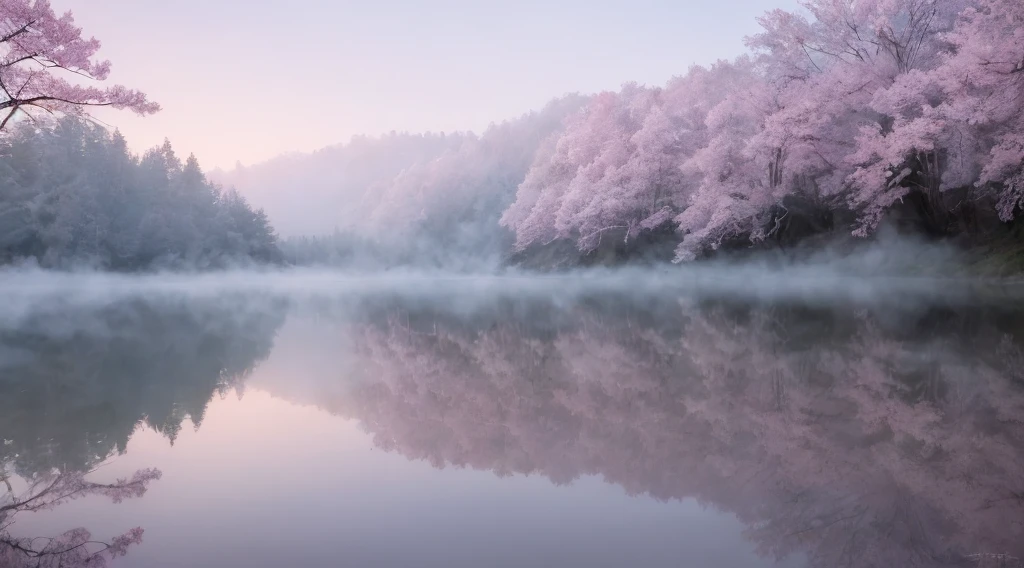 masterpiece of materpieces, PHOTOREALITIC, DENSE MIST. Smokey skies cast eerie light in the Anthropocene on a lake surrounded by cherry blossom trees, rocks on lake, snow falling, pink rose mini flowers covered in snow in enchanted forest, heavy mist and fog over the lake, fairy tale vibes, petals floating, dreamy looking, Sun burning like fire. Stars on the sky. Field filled with white flowers. PHOTOREALISTIC and cinematic. Nikon Z9
