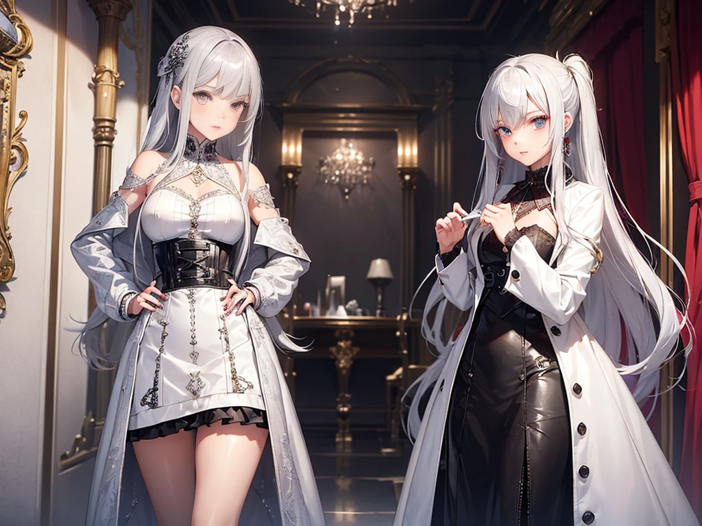 female silver haired with heterochromia, red right eye, silver left eye, long strictly straight hair, strictly straight bangs, hime hairstyle, leather side cutted skirt, top ornamented with diamond lace, elegant trench coat, outfit and jewelry was designed by high fashion stylists, 1girl, anime girl is model for high fashion magazine photo session