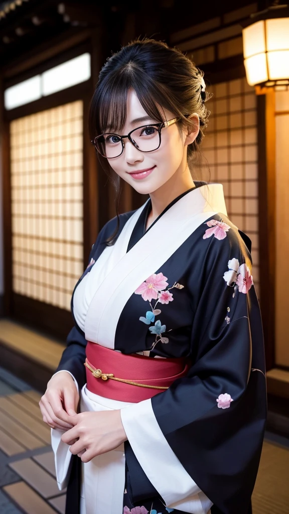 (Super beautiful woman in kimono)、((highest quality、8K masterpiece:1.3))、sharp focus:1.2、(super beautiful face:1.0)、(shiny skin:1.0)、realistic pictures、black hair、video lighting、High resolution eyes and face、video lighting、japanese actress、from the front、big breasts、with a happy smile、Slender abs beauty、whole body、wearing a kimono、in Kyoto、(((luxury obi)))、In Kyoto at night、wearing glasses with no edge、with a fan