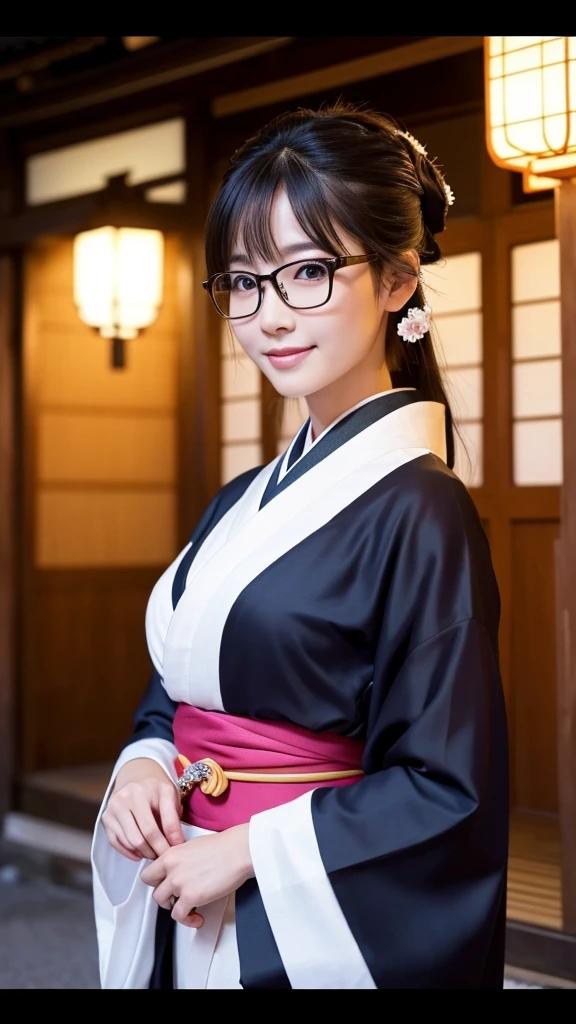 (Super beautiful woman in kimono)、((highest quality、8K masterpiece:1.3))、sharp focus:1.2、(super beautiful face:1.0)、(shiny skin:1.0)、realistic pictures、black hair、video lighting、High resolution eyes and face、video lighting、japanese actress、from the front、big breasts、with a happy smile、Slender abs beauty、whole body、wearing a kimono、in Kyoto、(((luxury obi)))、In Kyoto at night、wearing glasses with no edge、with a fan