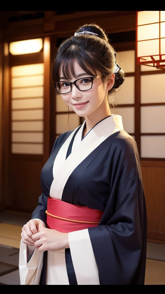 (Super beautiful woman in kimono)、((highest quality、8K masterpiece:1.3))、sharp focus:1.2、(super beautiful face:1.0)、(shiny skin:1.0)、realistic pictures、black hair、video lighting、High resolution eyes and face、video lighting、japanese actress、from the front、big breasts、with a happy smile、Slender abs beauty、whole body、wearing a kimono、in Kyoto、(((luxury obi)))、In Kyoto at night、wearing glasses with no edge、with a fan