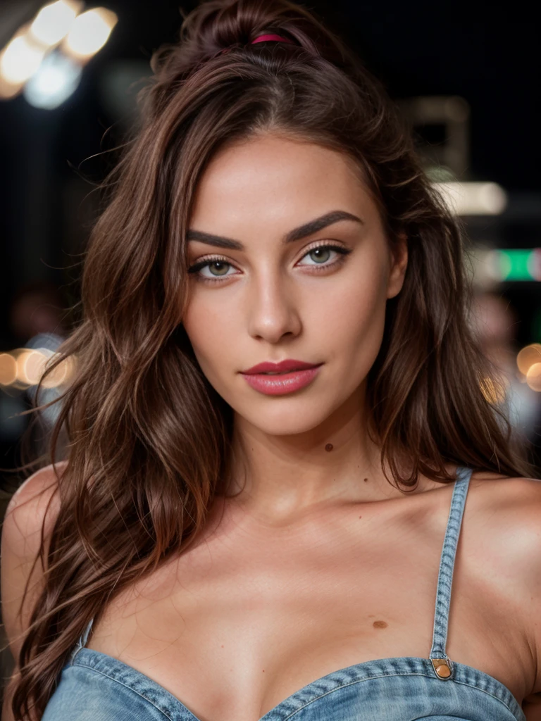 1girl, beautiful detailed eyes, beautiful detailed lips, extremely detailed eyes and face, long eyelashes, young woman, elegant, brown hair, open hair, green eyes, full red lips, smile, snub nose, freckles, tanned skin, thick dark eyebrows, seductive look, high defined cheekbones, curled long eyelashes, curves, 22 year old Italian model, dance, nightclub, light natural makeup, full body shot, corset and denimshorts, (best quality,4k,8k,highres,masterpiece:1.2),ultra-detailed,(realistic,photorealistic,photo-realistic:1.37),HDR,UHD,studio lighting,ultra-fine painting,sharp focus,physically-based rendering,extreme detail description,professional,vivid colors,bokeh,portrait