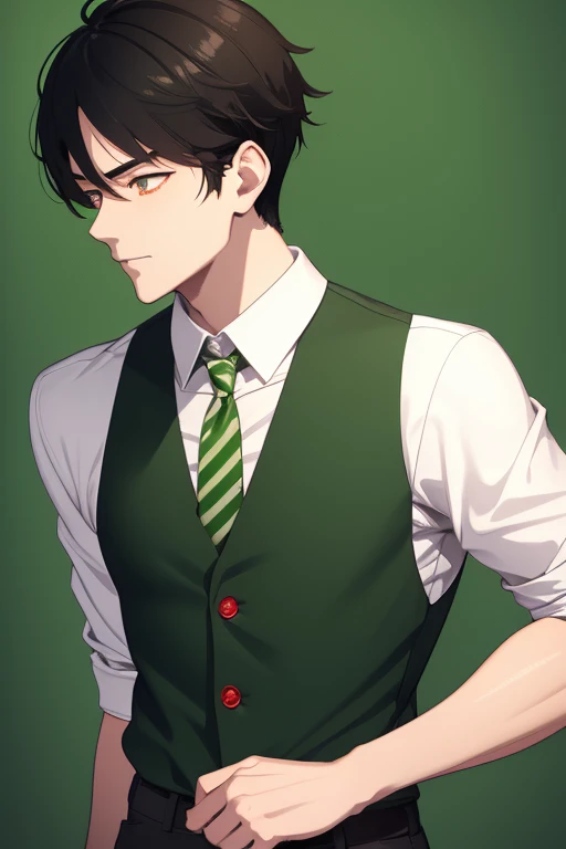 Handsome Japanese boy, black hair, faded cut, slim build, strong green eyes, short-sleeved vest, neo green shirt with slime print, red green jeans, green background