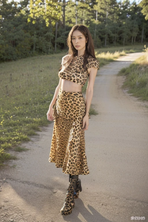 (8K, original photo, Top quality, masterpiece: 1.2), Ultra Detailed, Super Resolution, (real, real photos: 1.37), real脸部,Perfect body,Huge breasts,Leopard print T-shirt,(Leopard print long skirt:1.3),Detailed tattoo,Slender long legs,Leather Boots