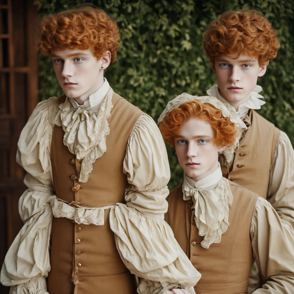 Fantasy prince orange hair and victorian beige clothes green eyes Delicate