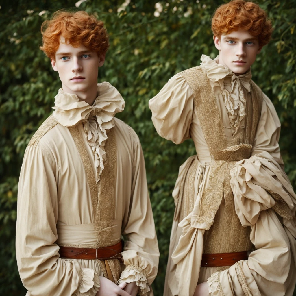 Fantasy prince orange hair and victorian beige clothes green eyes Delicate