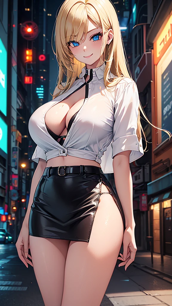 1 girl, 19 years old, Long blondie hair, blue eyes with slit pupils, master-piece, best quality, (standing up), (white buttoned crop blouse), (tight short sleeve white crop blouse, black pencil mini skirt, cleavage),  (Big , ultra gigantic , Super super big, Glamorous body), Make eye contact with the camera, front figure, looking forward, (light_Smile:1.5), (Detailed hands and fingers:1.2) (Cyberpunk City), (FULL BODYSHOT), thighs thighs thighs thighs、beauty legs、Bare legs