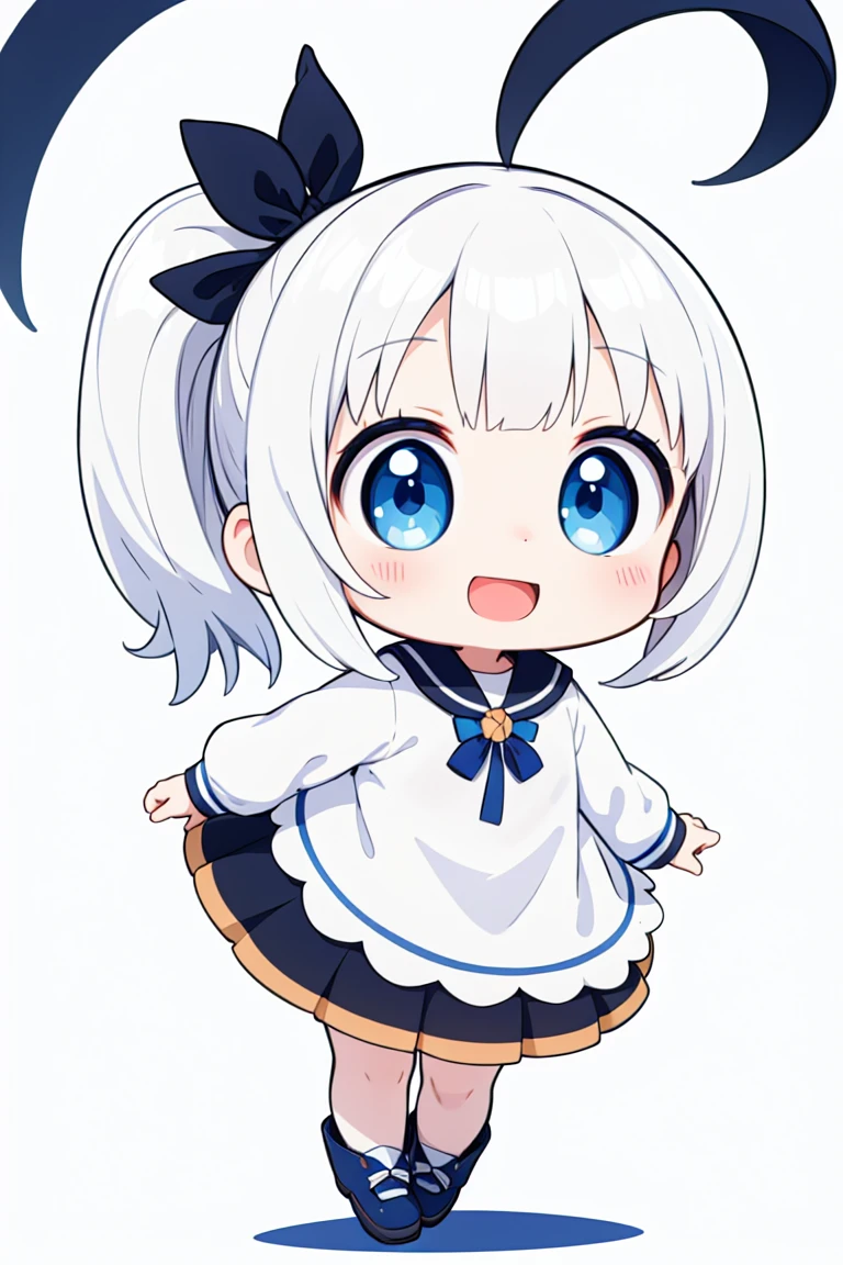 chibi, flat color, solo, full body, cute, (highest quality), blue eye, long hair, white hair, white clothes, side ponytail, Beam with laughter, open mouth, ((white background)), (masterpiece)