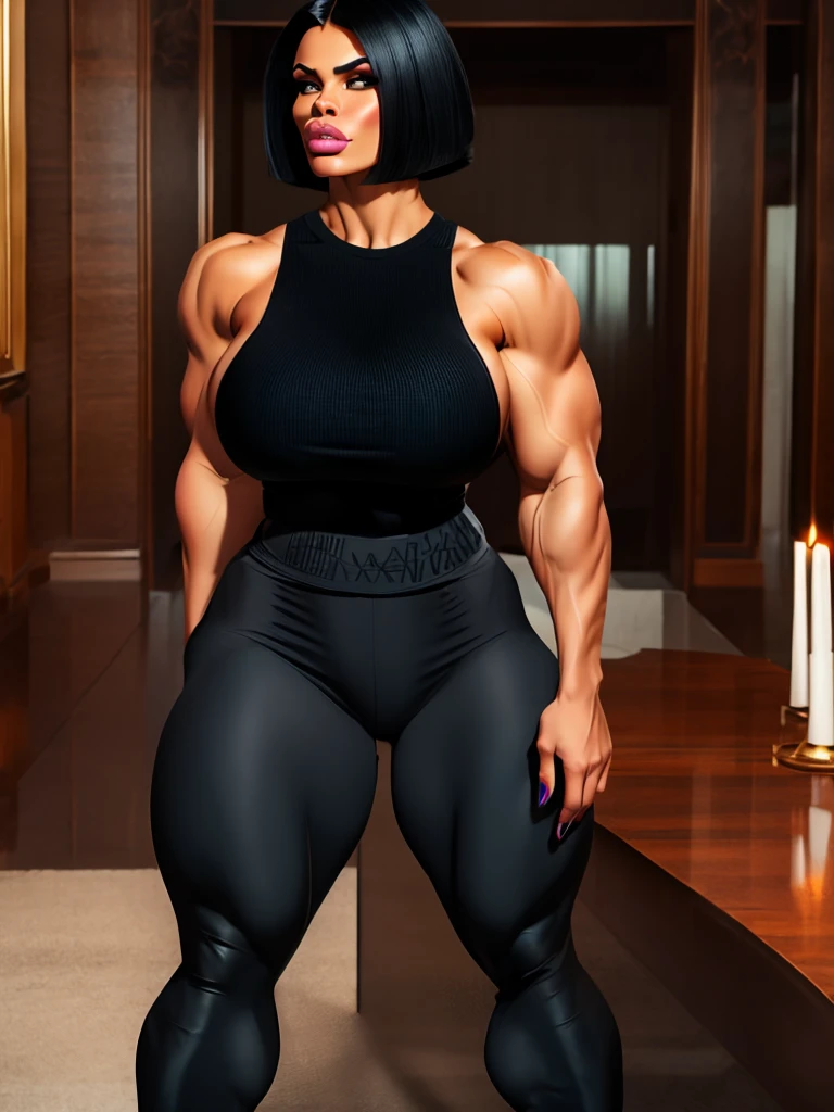 33 yo arabic perfect woman on steroids, large silicon lips, huge full lips with oversized fillers, huge bulging muscular body, massive quads & traps, massive female bodybuilder with hypermuscular bulging body, veiny vascular, short straight black bob haircut, hypermuscular steel-hard body, wearing trousers and tight white turtleneck sweater
