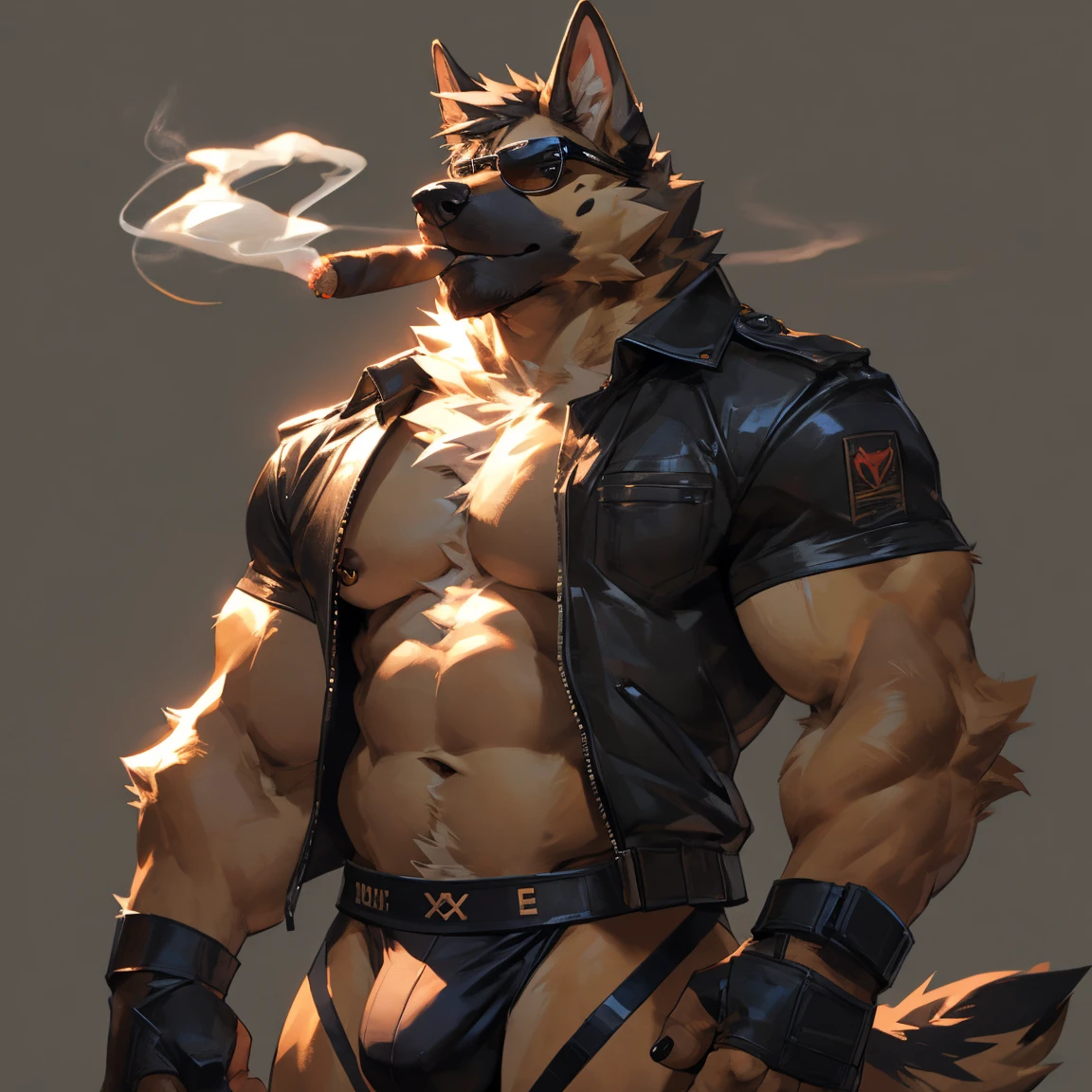 Solo, male, medium muscular, german shepherd, dog, shirtless, black leather jockstrap, jockstrap, leather shoulder gun holster, leather fingerless gloves, cigar, smoking cigar, cigar in mouth, nipple piercing ((focus body, furry focus, shades focus, body shades)) nice body, standing, posing, model, light, shades, 4k, high quality (((gray background, gray wallpaper, one color))), by darkgem, by mystikfox61