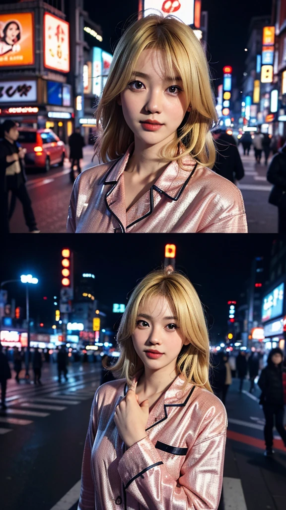 1girl, Tokyo street,night(Kabukicho,Shinjuku), Hair color is blonde,Wear pajamas,cityscape,city lights, upper body,close-up, 8K, RAW photo, best quality, masterpiece,realistic, photo-realistic,