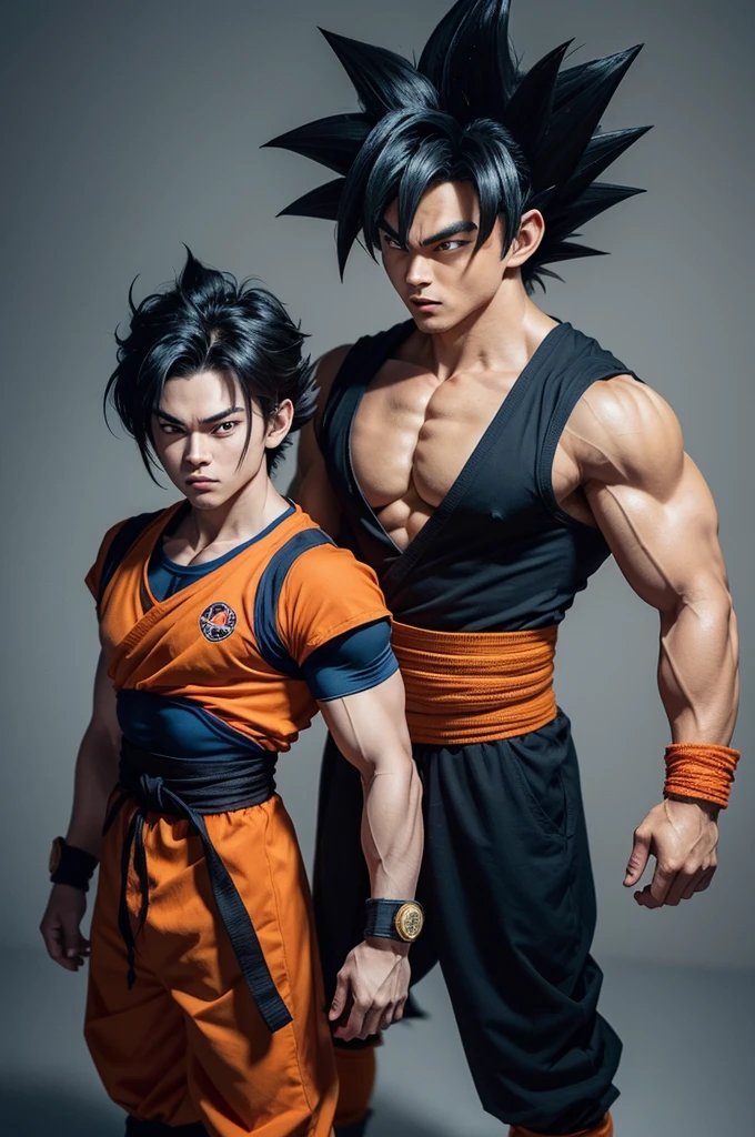 Goku, de Dragon Ball", He is a muscular man with spiky black hair., He usually wears an orange martial arts uniform with a blue waist belt and blue boots.. Her eyes are big and dark, and he has a friendly and determined expression.