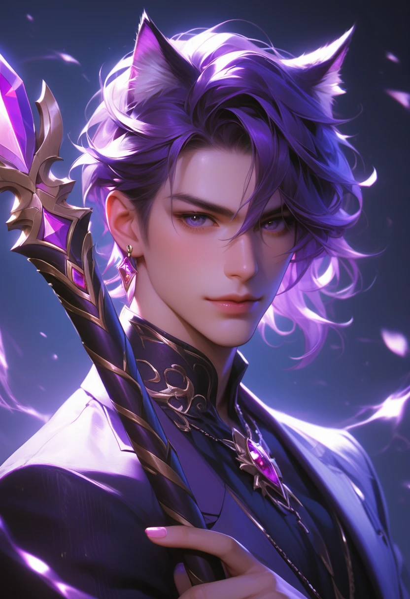 The image depicts a striking anime-style character with vibrant purple hair and animal-like features, including what appear to be cat-like ears. The character has a focused, almost melancholic expression, and is holding what looks like a ceremonial sword or scepter. The background is a deep, rich purple, with what seem to be delicate floral designs adding a touch of elegance and mysticism to the overall scene. The overall aesthetic evokes a sense of power, mystery, and a certain captivating otherworldliness. It's a visually striking and intriguing image that draws the viewer in with its detailed character design and atmospheric setting.