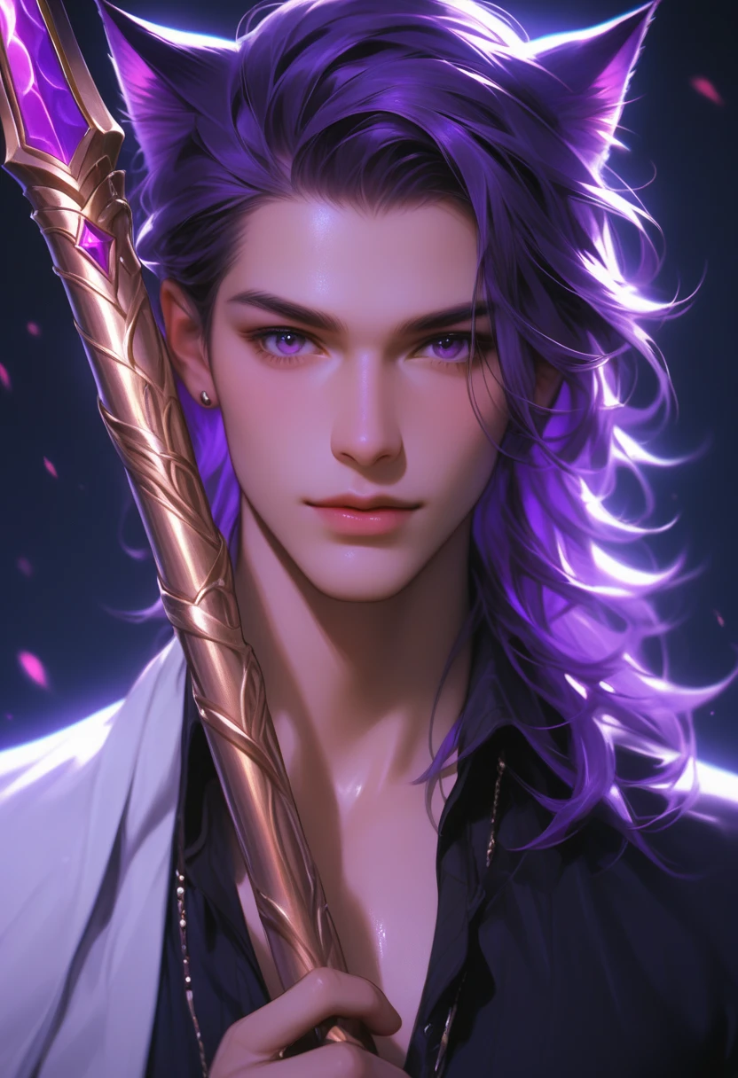 The image depicts a striking anime-style character with vibrant purple hair and animal-like features, including what appear to be cat-like ears. The character has a focused, almost melancholic expression, and is holding what looks like a ceremonial sword or scepter. The background is a deep, rich purple, with what seem to be delicate floral designs adding a touch of elegance and mysticism to the overall scene. The overall aesthetic evokes a sense of power, mystery, and a certain captivating otherworldliness. It's a visually striking and intriguing image that draws the viewer in with its detailed character design and atmospheric setting.