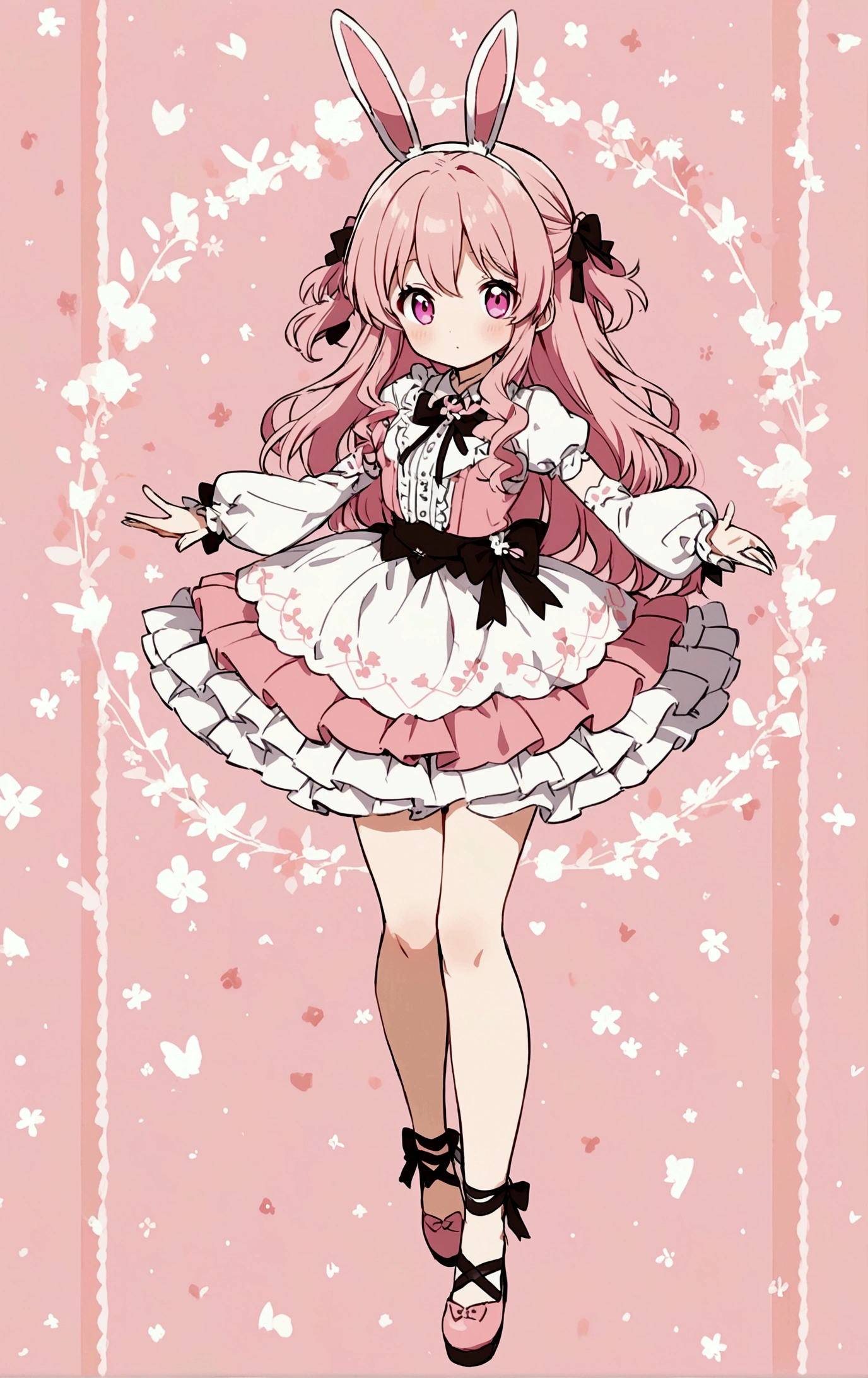 Fullbody Anime girl with bunny ears pink hair pink eyes