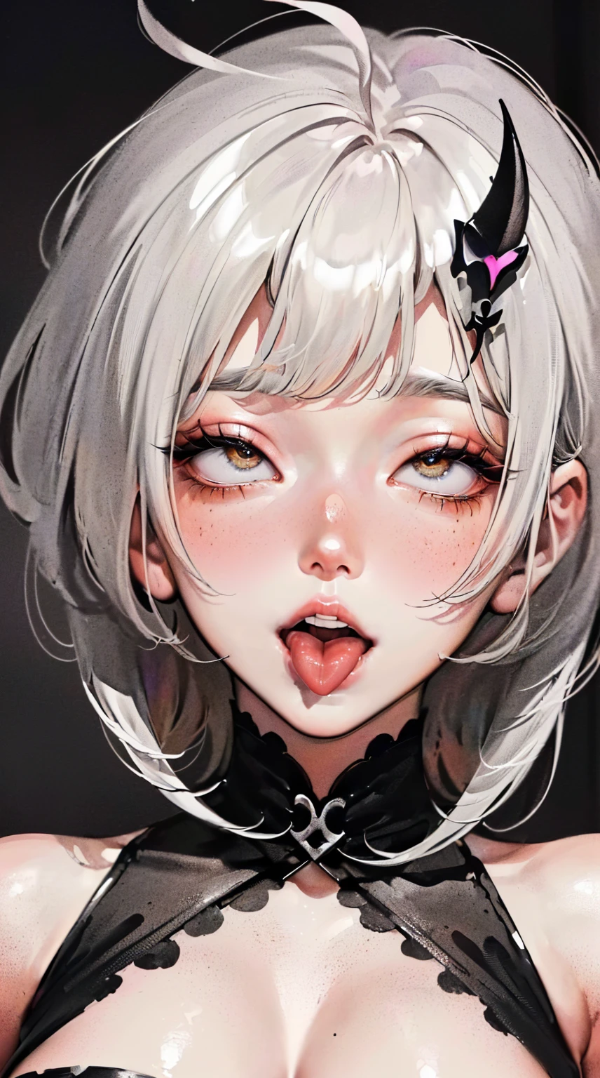 (((((((ink painting,monochromatic world, using only shades of black, white, and gray,Dark Style, grim,pubic tattoo,))))))(((sweater,cleavage dress,BDSM,))) (((saliva,tongue from mouth,blush:1.7,baggy cuffs,off shoulders))),(zentangle:1.1), (geometric:1.1), ((1girl,under-aged,amazing,sharp focus,seductive girl,solo,from above:1.2))(Masterpiece,Best quality, offcial art, Beautiful and aesthetic:1.2),((Ultra-high resolution,Golden ratio,)) (16K),((upper upper shot,close of face:1.2,focus on face:1.2,Female dream demon,sagging breasts,gigantic breasts)),(Physically-based rendering),Sharp focus, (((highdetailskin,))),Intricately detailed clothing,Delicate pupils,heart pupils,crimson pupils,Danfeng Eye,((((detailed hair|middle hair|steep bangs|Long bold side bangs|top bow|ahoge)))),slender,(masterpiece sidelighting),(The sheen),(beautiful hair,beautiful eyes,)((unbelievable Ridiculous quality,blur background,)),((extremely_Detailed_eyes_and_face)),Movie girl,(Dynamic configuration: 1.2),Brilliant,Glossy, (Photorealistic), ((hairpin)), two-sided fabric,disheveled hair,Ultra-precise depiction, Ultra-detailed depiction, , white hair, devil horns