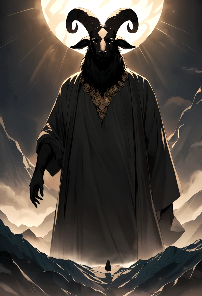 A man wearing a black goat head. Goat face. Black goat hair. Goat. Goats wear goat wool. The goat's body is black. The mythical man thickens and protects the mountains. His body is covered with thick, black goat hair