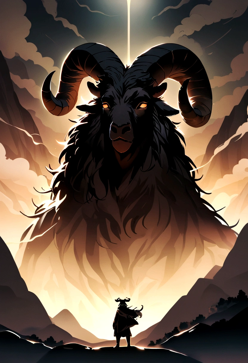 A man wearing a black goat head. Goat face. Black goat hair. Goat. Goats wear goat wool. The goat's body is black. The mythical man thickens and protects the mountains. His body is covered with thick, black goat hair