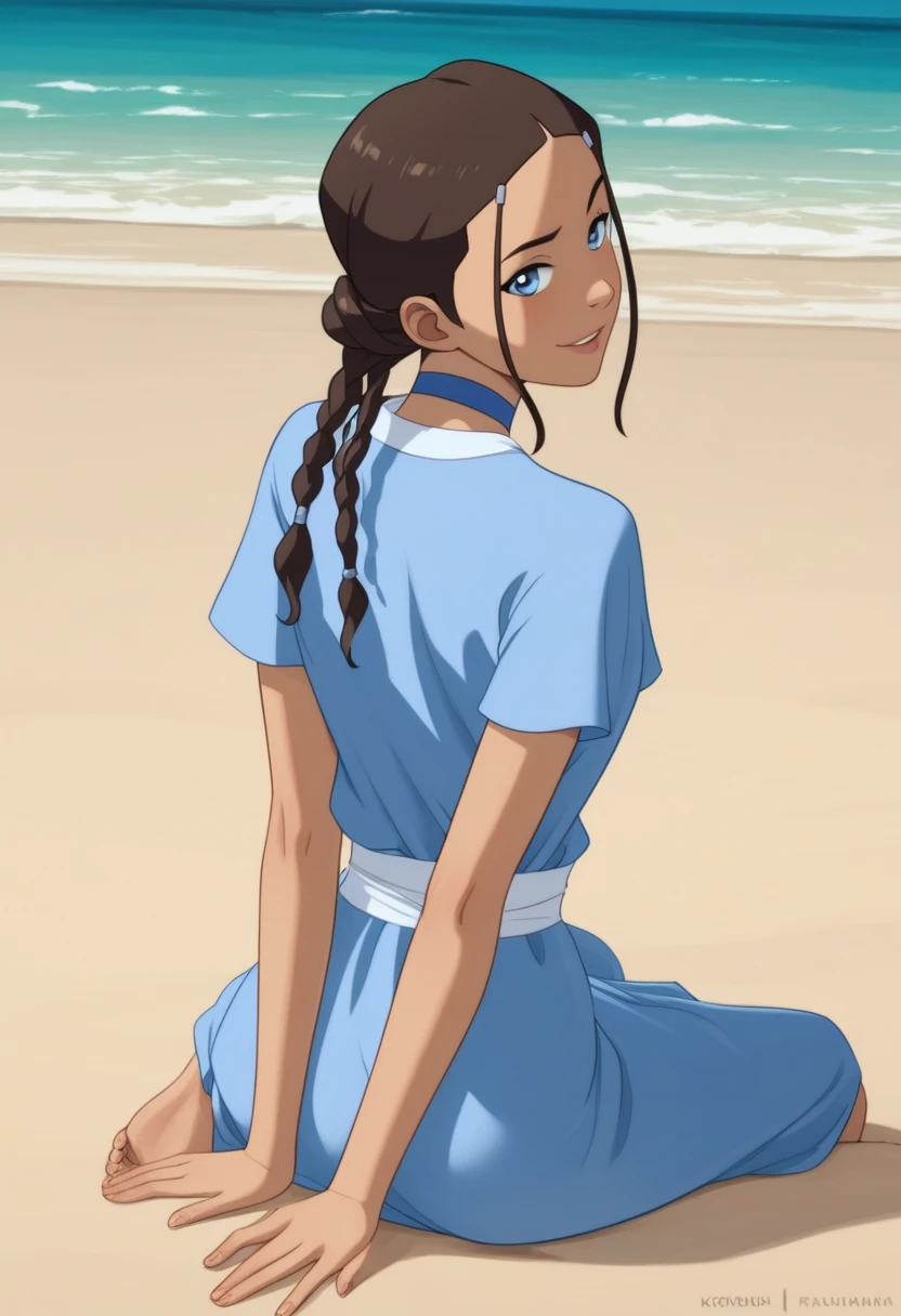 score_9_up, score_8_up, score_7_up, 1girl, solo, mature female, ((Katara)), Latin skin color, brown braided hair, blue eyes, pink lips, parted lips, fit slim body, ((perfect medium erected breast)), (((blue beach tunic, blue choker))), (((Iceland beach))), perfect model body, wide hips, naughty smile, standing on all fours and showing her ass, pulled up tunic,((( blue transparent underpants))), (((from behind))), seductive pose