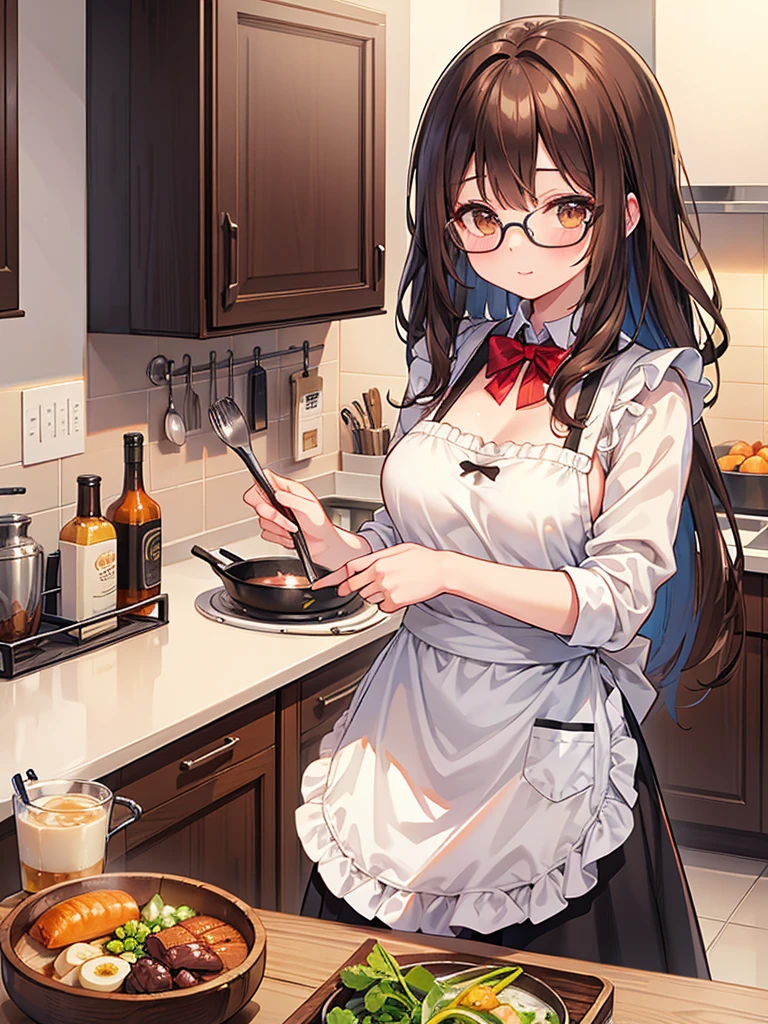 1 Female、Brown hair、Brown Eyes、Best Quality、Super detailed、8 Resolution、Raw photo、Mastepiece、Perfect Body、high resolution、Highest quality、Detailed drawing、Vibrant colors、lure、Long Hair、Black-rimmed glasses、Captivating breasts、kitchen、Apron appearance