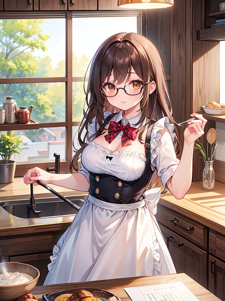 1 Female、Brown hair、Brown Eyes、Best Quality、Super detailed、8 Resolution、Raw photo、Mastepiece、Perfect Body、high resolution、Highest quality、Detailed drawing、Vibrant colors、lure、Long Hair、Black-rimmed glasses、Captivating breasts、kitchen、Apron appearance