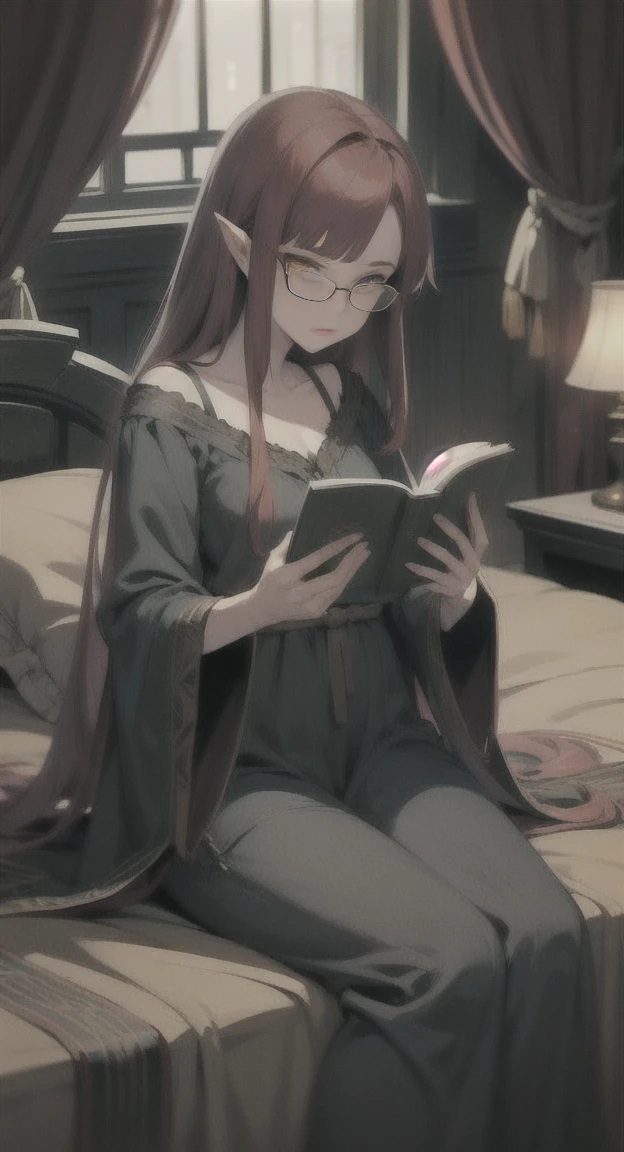 Ancient, long Red hair, yellow eyes, Hylian demon Princess Grimmoir, Ancient Nightgown, ancient bedroom, small glasses, looking at viewer, relaxing in bed, reading a book,